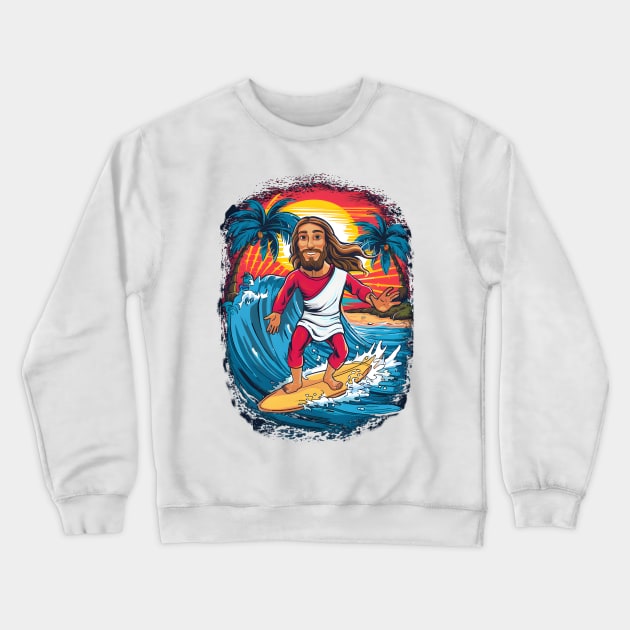 Surfing Jesus Crewneck Sweatshirt by BobaTeeStore